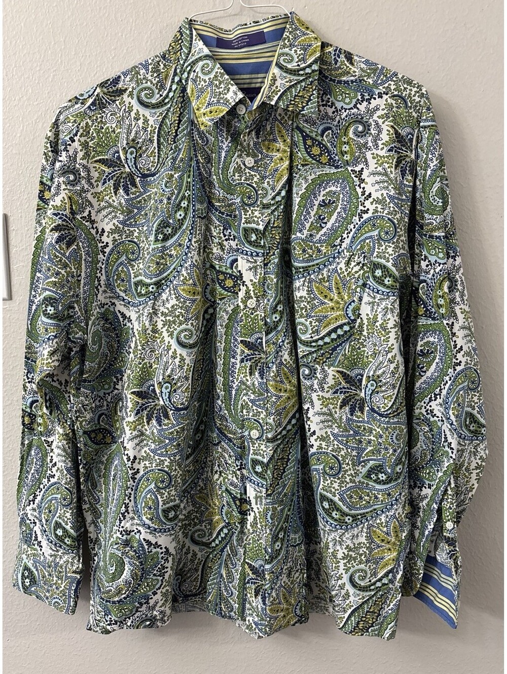 Alan Flusser Mens Blue&Green Paisley Button Down Long Sleeve 100% Cotton Shirt L